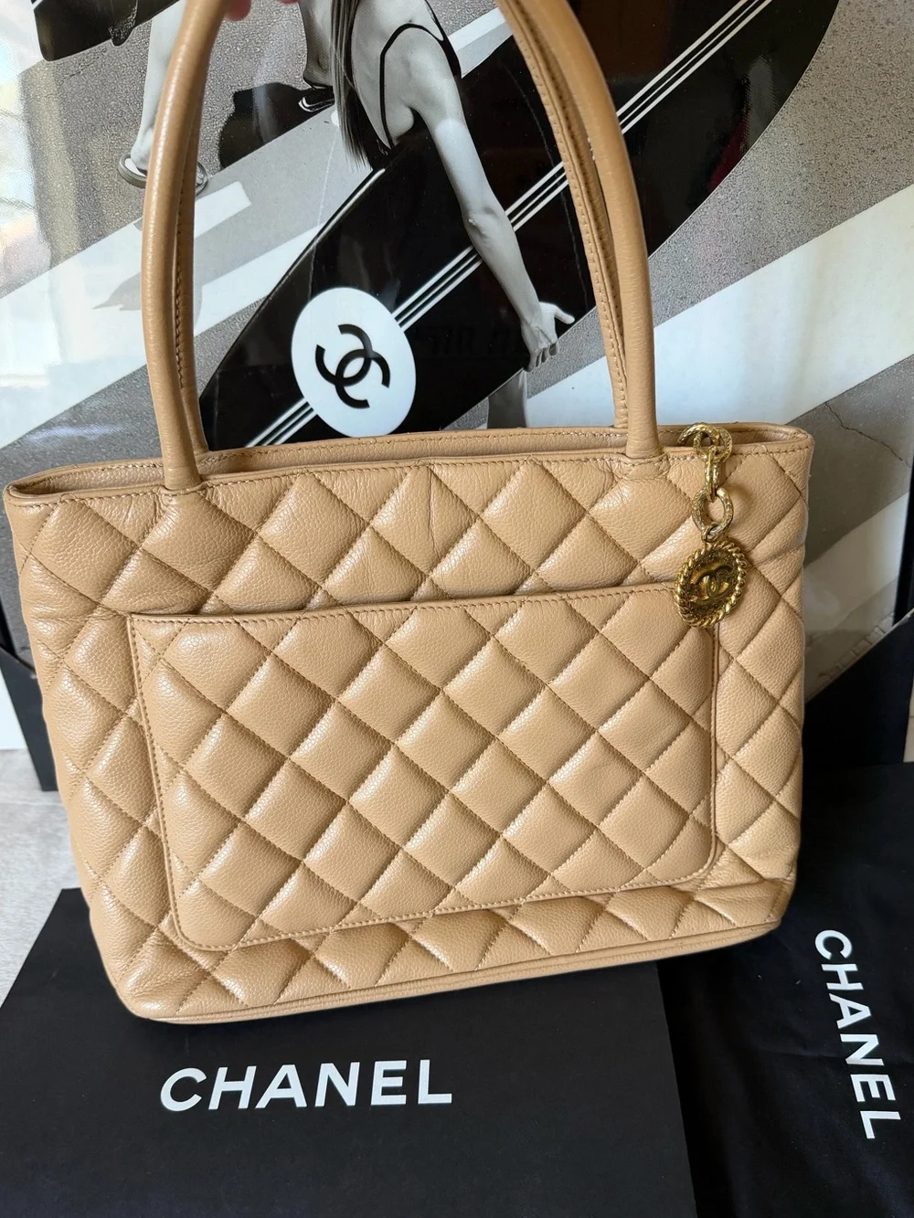 CHANEL Medallion Tote Bag Beige Caviar Leather Large CC Logo